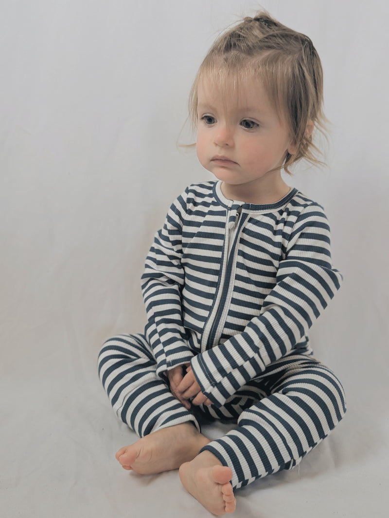 Navy Striped Ribbed Sleepsuit